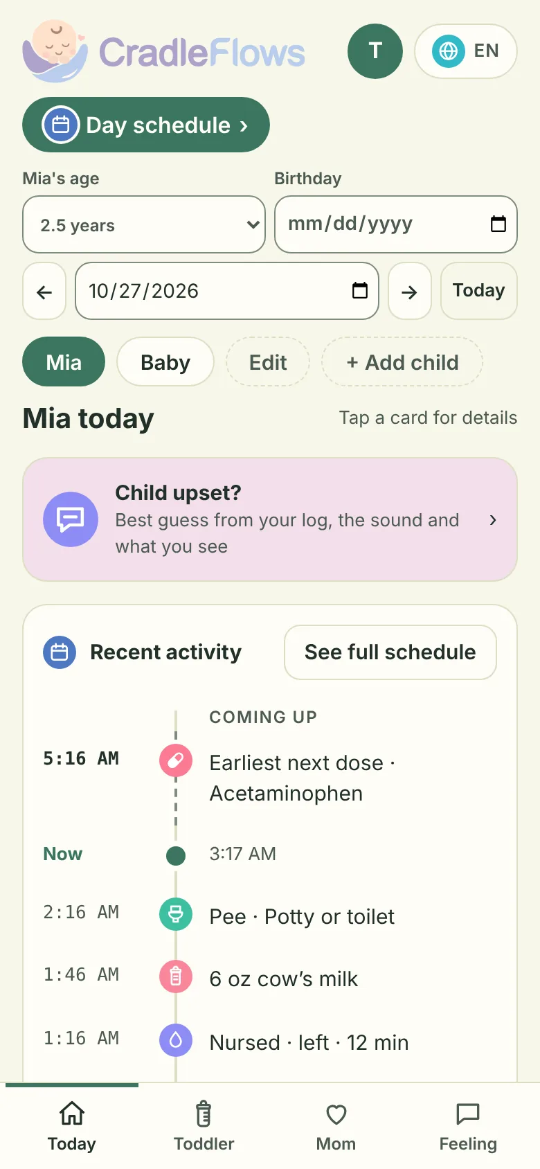 The CradleFlows Today screen: day schedule, child switcher and a timeline of recent feeds, diapers and naps.